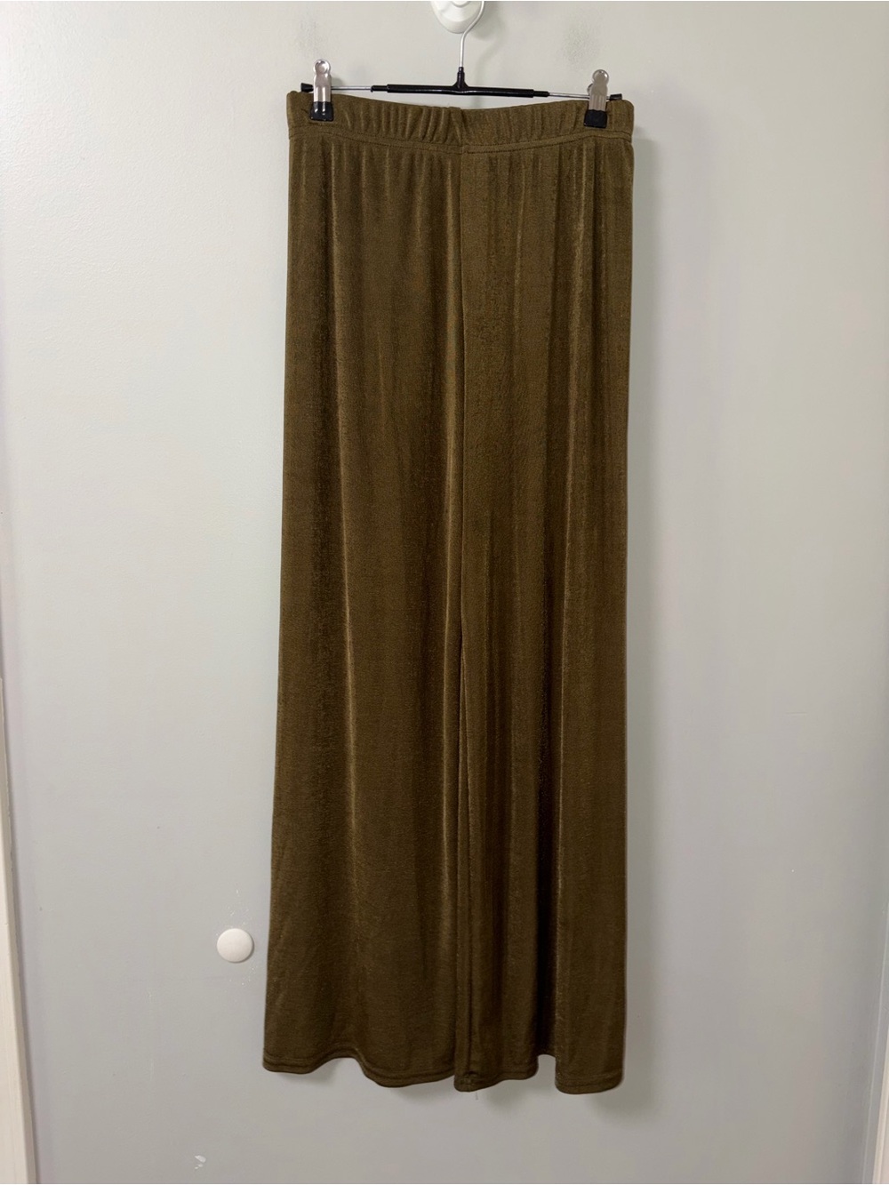 ASSA Olive Green Slinky Metallic Pull On Palazzo Pants Vtg M Boho Flowy Disco